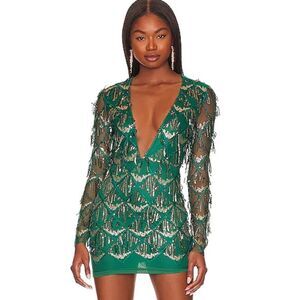 NWT Superdown Revolve Nia Sequin Fringe Dress in Dark Green Small